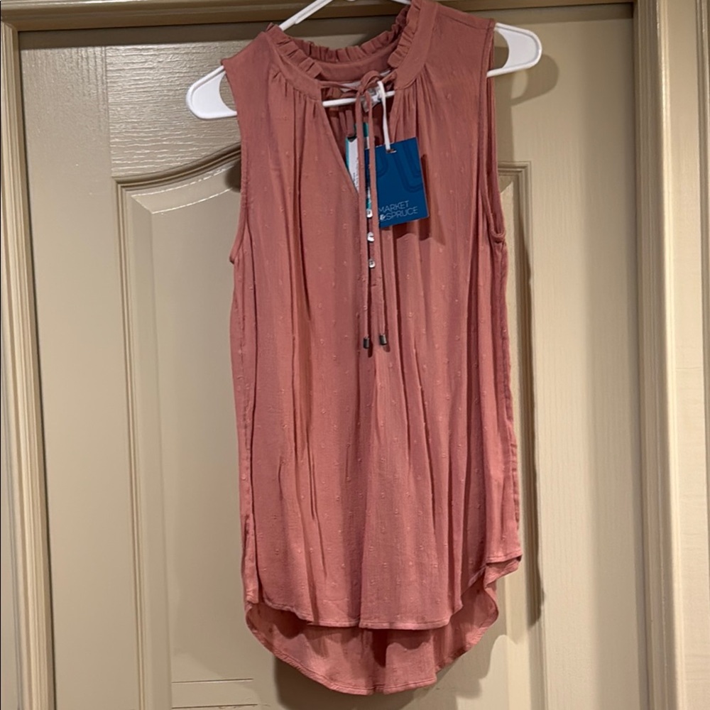 Market & Spruce Pink Blouse with Tie Front and Mandarin Collar